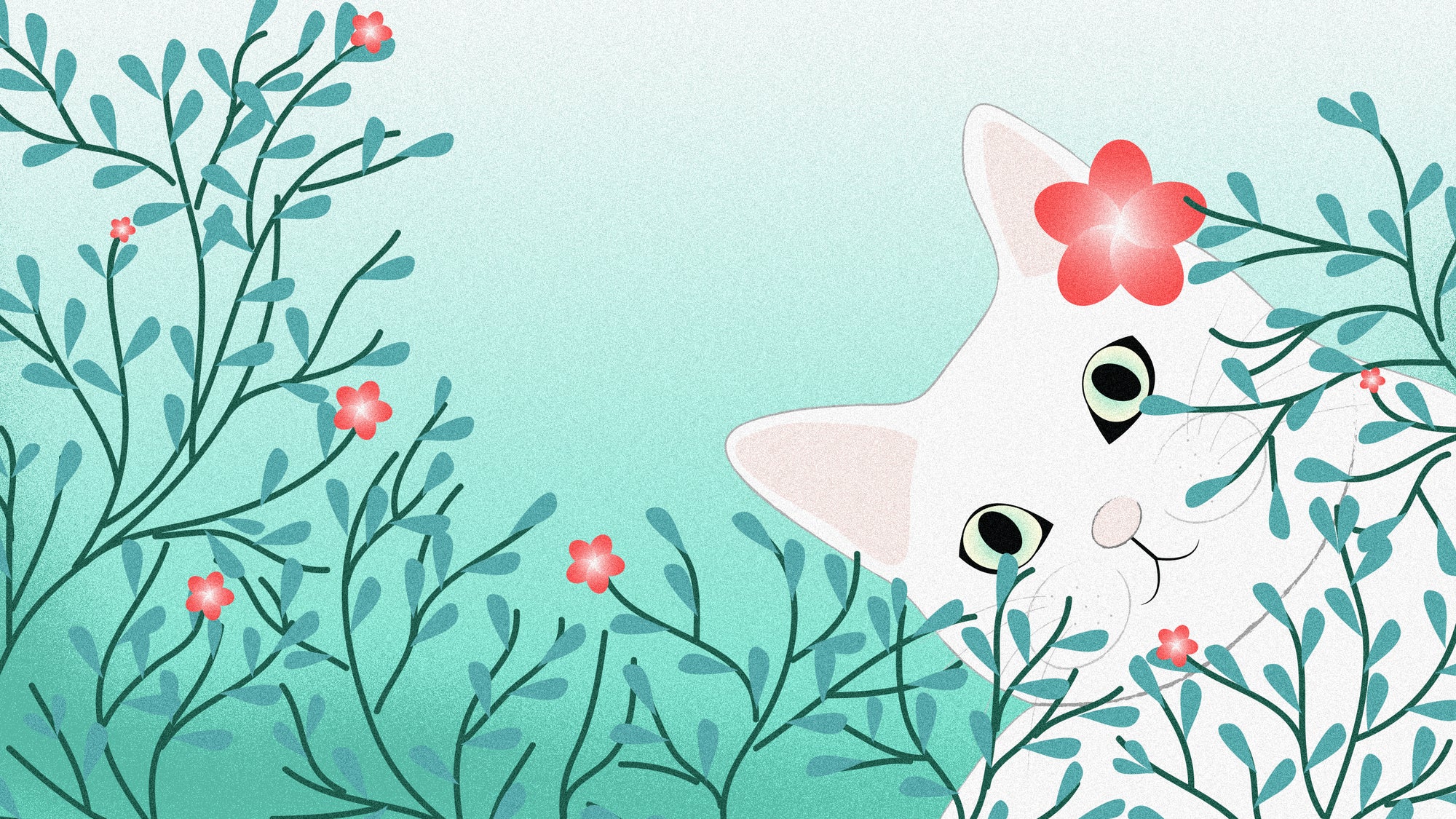Beautiful white cat hiding behind pinkish-red flowers