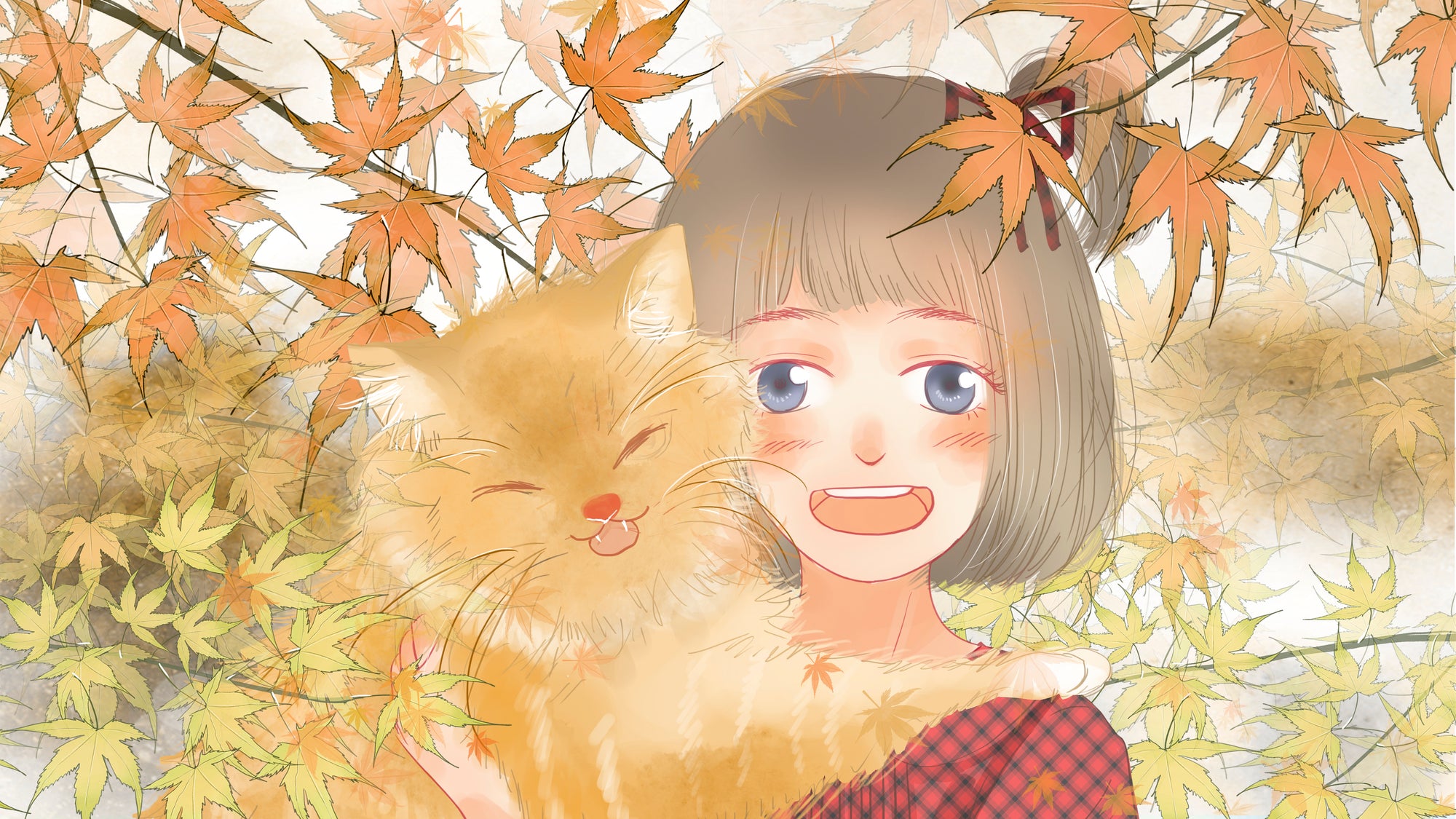 Fluffy orange cat with girl